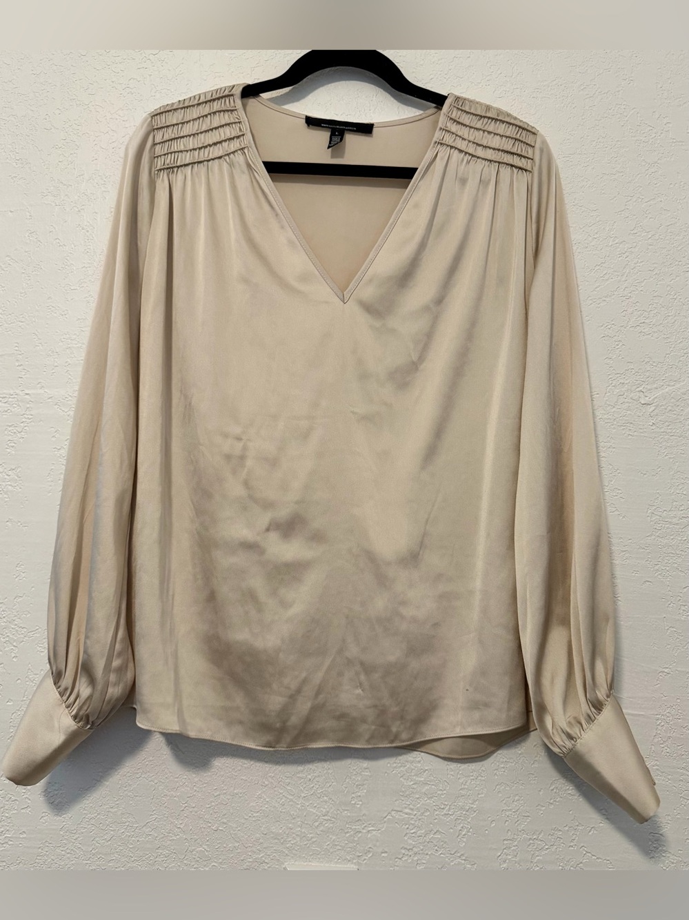 White House Black Market Cream V-Neck Pintuck Shoulder Blouse